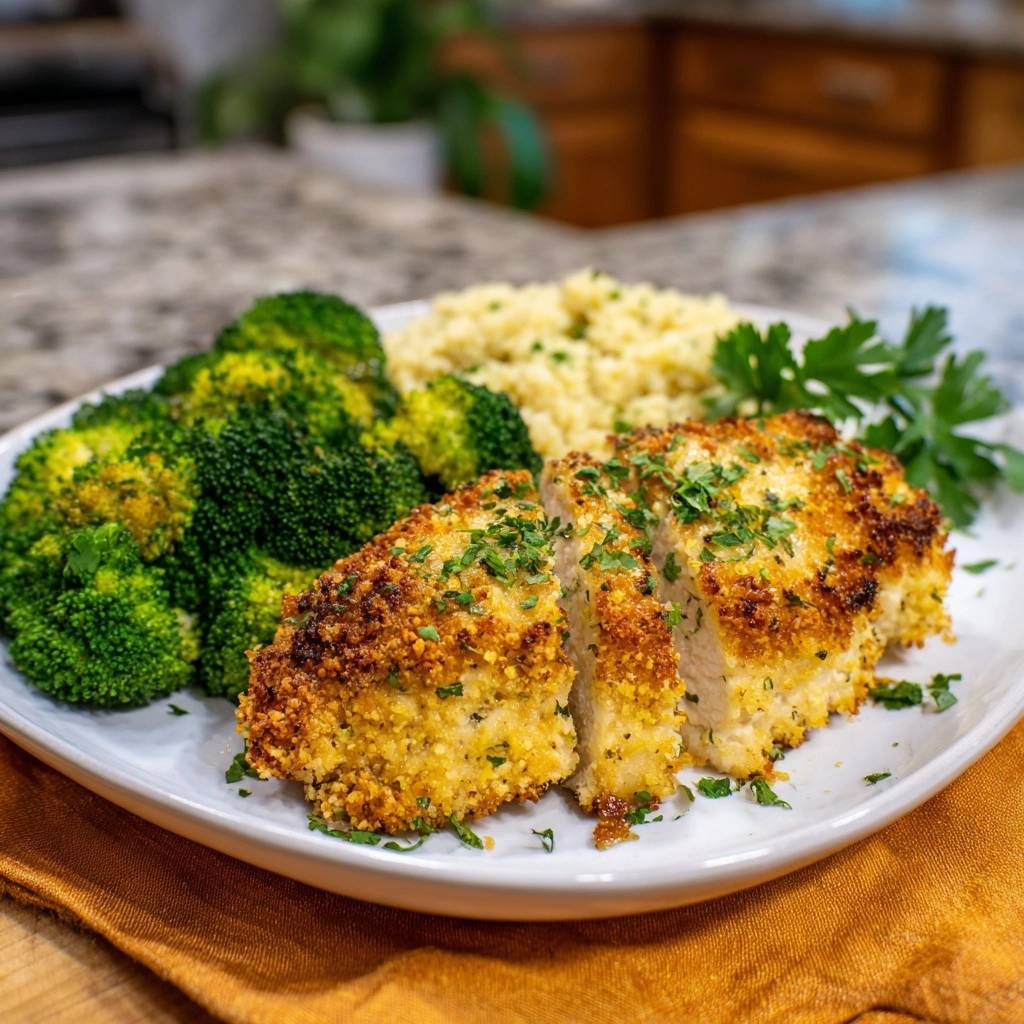 Knuspriges paniertes Hähnchen mit Broccoli und Couscous serviert auf einem weißen Teller, garniert mit frischer Petersilie. Die goldbraune Kruste des Hähnchens ist deutlich zu sehen.