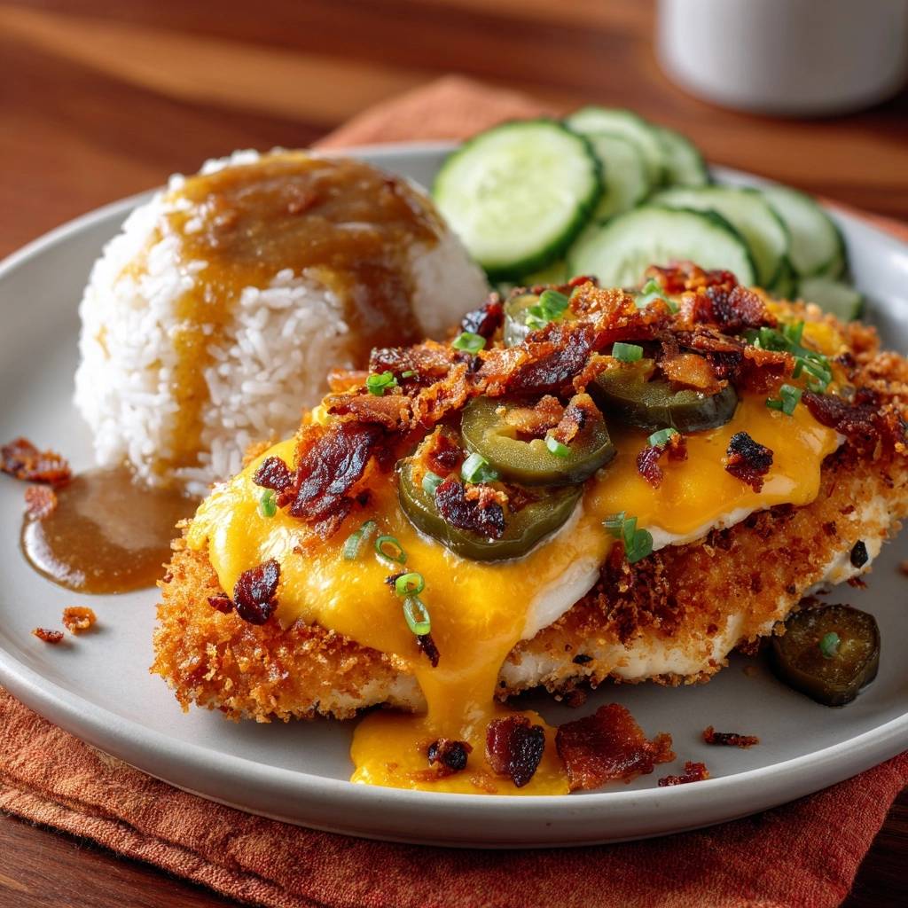 Knuspriges Putenbacon Jalapeno Huhn Serviert 1 Knuspriges Putenbacon-Jalapeño-Hähnchen serviert auf einem Teller mit Teriyaki-Reis, Jalapeños und knusprigem Bacon als Topping.