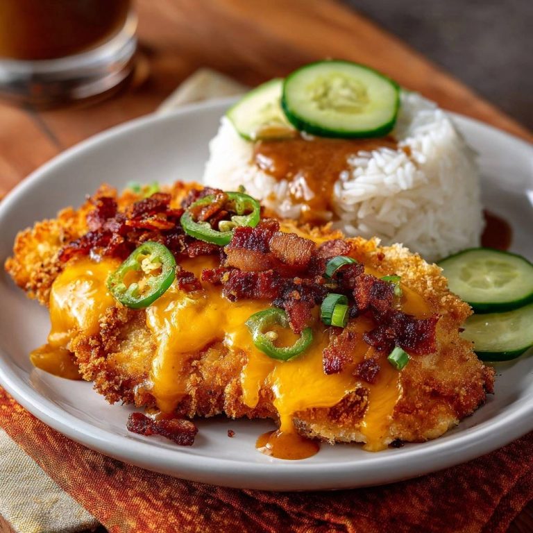 Knuspriges Putenbacon-Jalapeño-Hähnchen serviert auf einem Teller mit Reis, Gurkenscheiben und einer köstlichen Sauce.