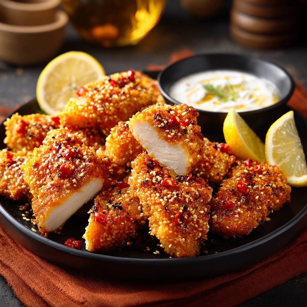 Knuspriges Zitronen Pfeffer Huhnchen Querschnitt 1 Knuspriges Zitronen-Pfeffer-Hähnchen mit Sesam und Chili, hier als Nahaufnahme eines saftigen Querschnitts. Die perfekte Panade!