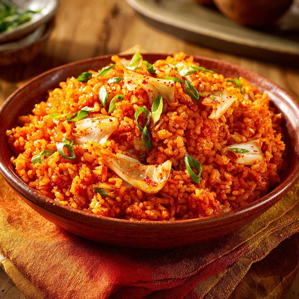 Koreanischer Kimchi Fried Rice Draufsicht Mit Kimchi 1 Koreanischer Kimchi-Fried-Rice von oben, serviert in einer rustikalen Schüssel, garniert mit frischen Frühlingszwiebeln und Kimchi.