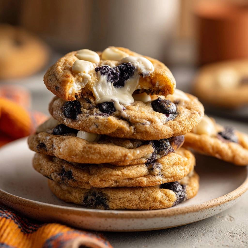 Krbis Heidelbeer Weisschokoladen Cookies Angeschnitten 1 Kürbis-Heidelbeer-Weißschokoladen-Cookies, die angeschnitten wurden, zeigen eine geschmolzene weiße Schokolade und frische Blaubeeren. Die Kekse sehen unglaublich saftig aus.
