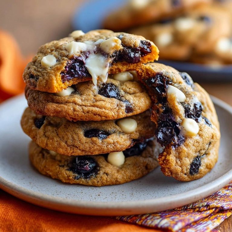Kürbis-Heidelbeer-Weißschokoladen-Cookies im Nahaufnahme-Querschnitt, der das saftige Innere und die geschmolzene Schokolade zeigt.