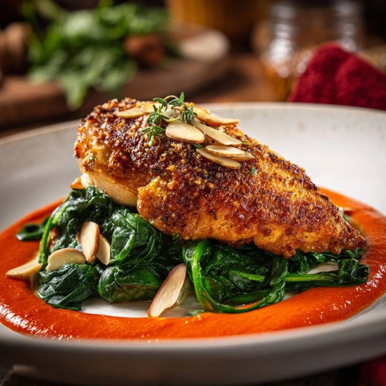 Mandel-Krusten-Hähnchen auf Rahmspinat serviert, garniert mit Mandelblättchen und frischen Kräutern, angerichtet auf roter Sauce.