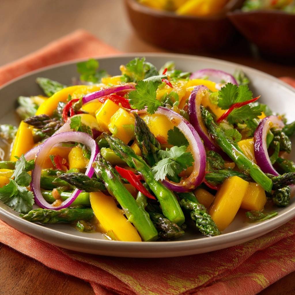 Mango Spargel Wok Serviert 1 Mango-Spargel-Wok serviert auf einem Teller, garniert mit roter Zwiebel, Chili und frischem Koriander. Ein farbenfrohes und gesundes Gericht.