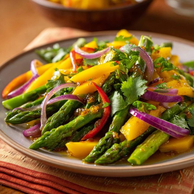 Mango-Spargel-Wok serviert auf einem Teller, garniert mit roter Zwiebel, Chili und frischem Koriander. Ein leichtes, farbenfrohes Gericht.