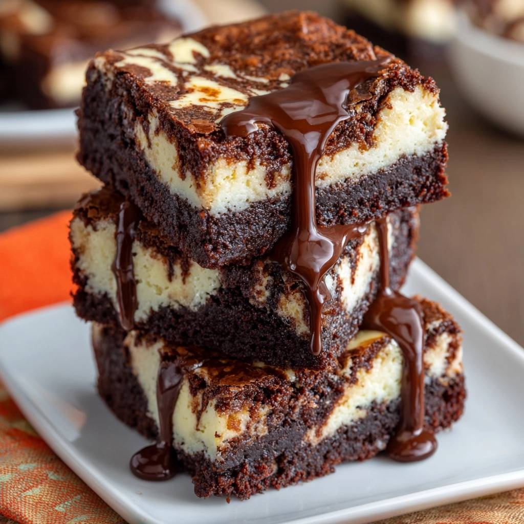 Marmorierte Cheesecake Brownies Querschnitt Mit Guss 1 Marmorierte Cheesecake Brownies präsentieren einen verführerischen Querschnitt, der die cremige Käsekuchenschicht und den saftigen Brownie-Teig zeigt.