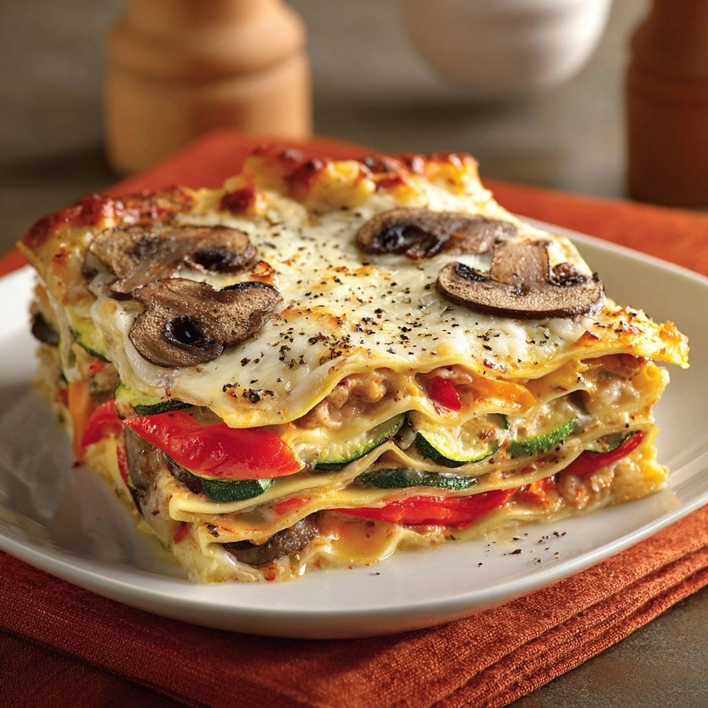 Mediterrane Gemuese Lasagne Querschnitt 1 Mediterrane Gemüse-Lasagne im Anschnitt, präsentiert auf einem Teller, zeigt die geschichteten Gemüse- und Käseschichten. Die Lasagne ist mit Champignons belegt.