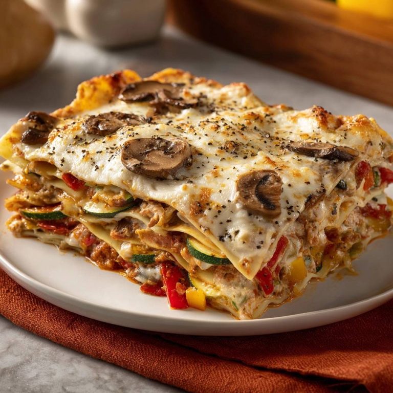 Mediterrane Gemüse-Lasagne im Querschnitt, mit saftigem Gemüse und geschmolzenem Käse, serviert auf einem weißen Teller. Ein köstliches vegetarisches Gericht.