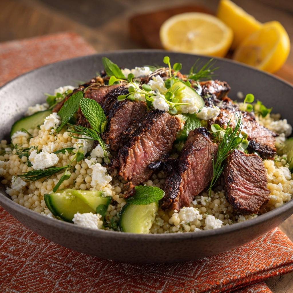 Mediterrane Rindfleisch Bowl Couscous Draufsicht 1 Mediterrane Rindfleisch-Bowl mit Couscous, Gurke und Feta, serviert in einer dunklen Schüssel, garniert mit frischer Minze und Dill.