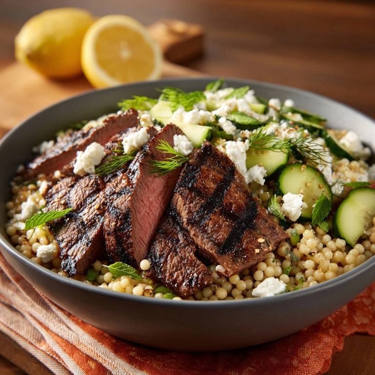 Mediterrane Rindfleisch-Bowl mit Couscous, Gurke und Feta in Nahaufnahme, serviert in einer grauen Schüssel mit gegrilltem Rindfleisch.