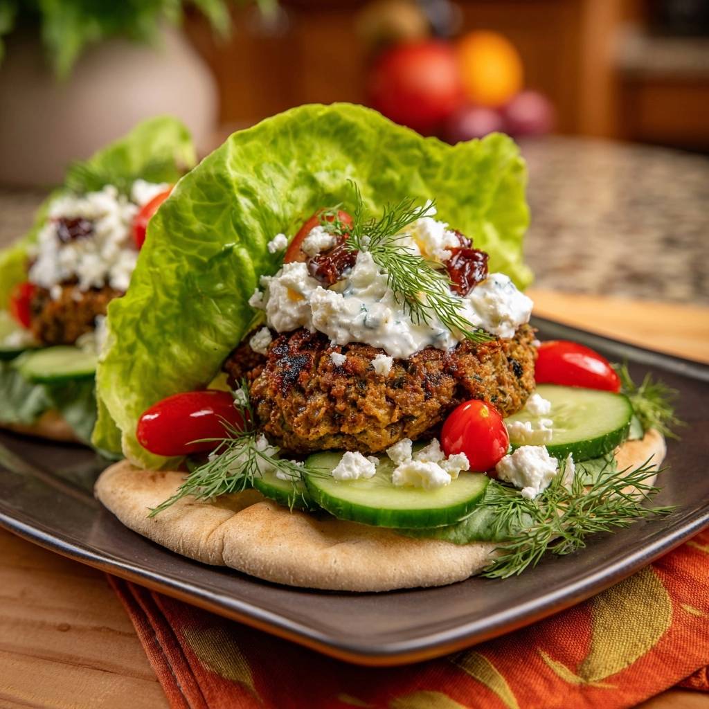 Mediterraner Feta Burger Auf Pita Serviert 1 Mediterraner Feta-Burger auf Pita, serviert auf einem Teller. Köstliche Burger mit Feta-Käse, Gurken, Tomaten und frischem Dill, angerichtet auf Pita-Brot.