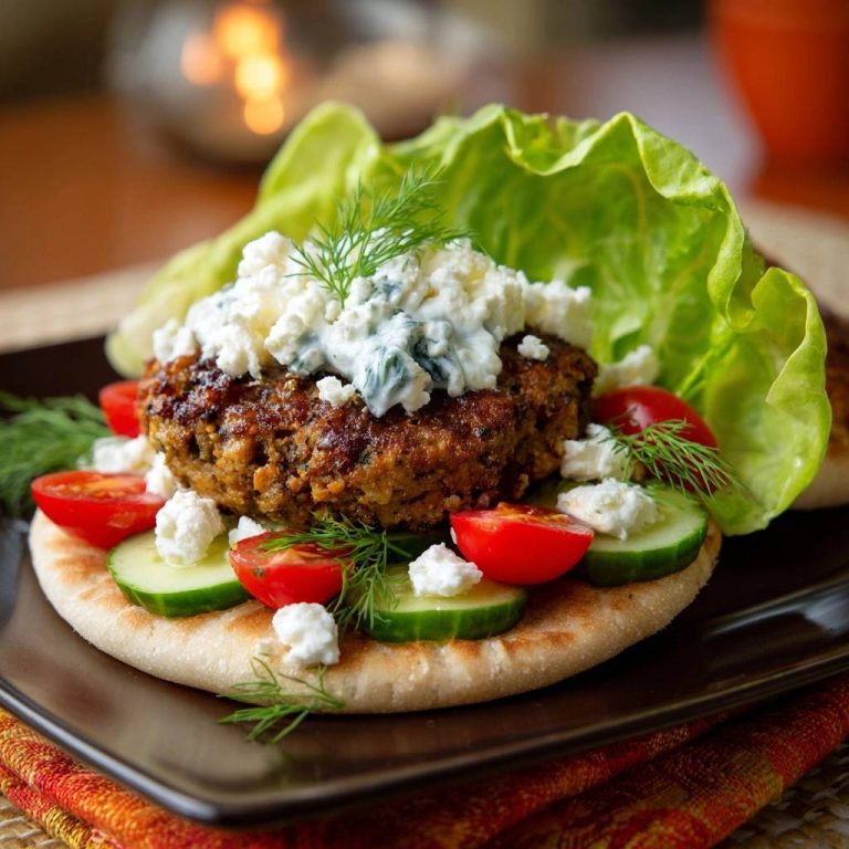 Mediterraner Feta-Burger auf Pita, serviert auf einem Teller, mit frischen Tomaten, Gurken, Dill und cremigem Feta-Käse garniert.