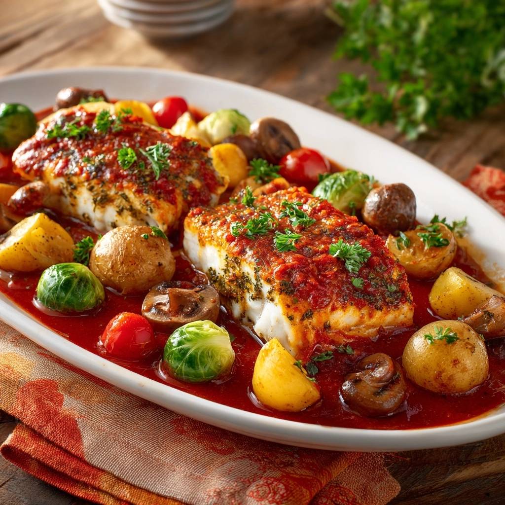 Mediterranes Kabeljau Filet Aus Dem Ofen Auf Servierteller 1 Mediterranes Kabeljau-Filet aus dem Ofen, serviert auf einem weißen Teller, mit Gemüse und Tomatensauce, ein köstliches Gericht.