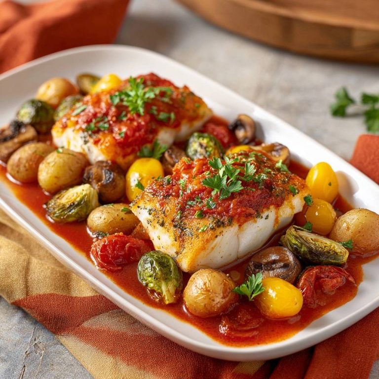 Mediterranes Kabeljau-Filet aus dem Ofen serviert auf einem weißen Teller, garniert mit frischer Petersilie und einer leckeren Tomatensauce.