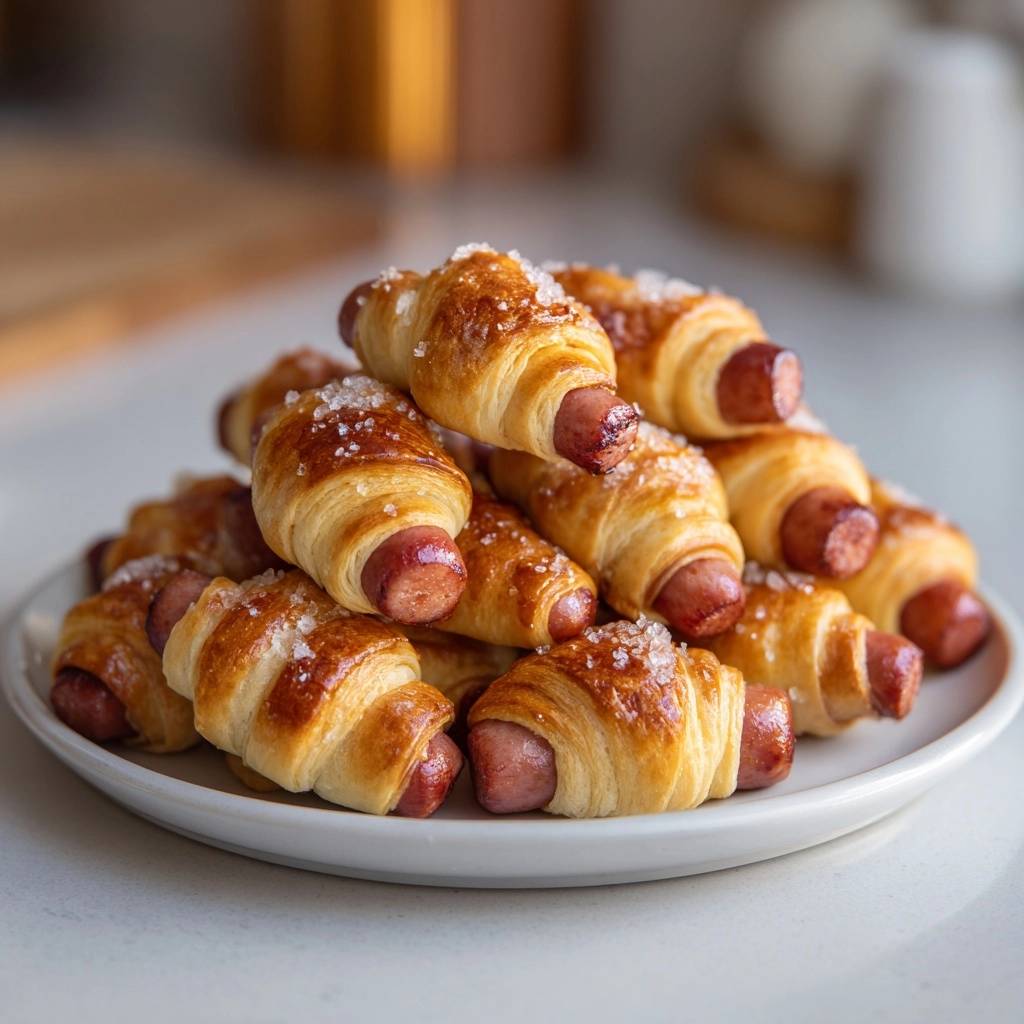 Mini Wuerstchen Im Schlafrock Serviert 1 Mini-Würstchen im Schlafrock, serviert auf einem weißen Teller, sind goldbraun gebacken und mit grobem Salz bestreut.
