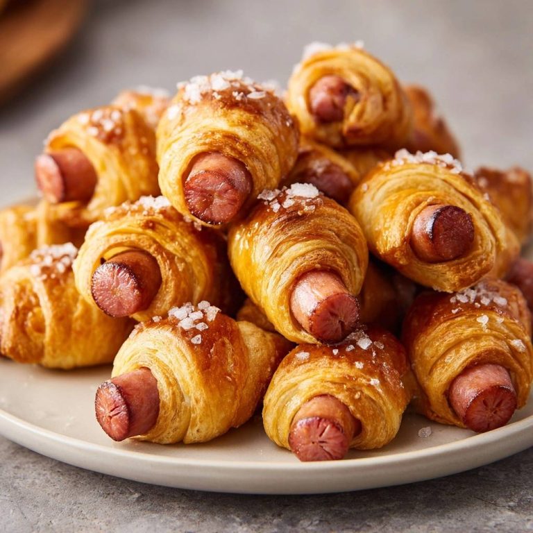 Mini-Würstchen im Schlafrock in Nahaufnahme, angerichtet auf einem Teller, mit grobem Salz bestreut und goldbraun gebacken.