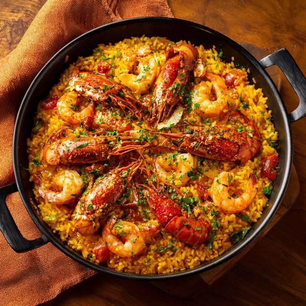 Paella Mit Hummer Und Garnelen Draufsicht 1 Paella mit Hummer und Garnelen, serviert in der Pfanne mit saftigem Reis und frischen Garnelen, von oben betrachtet.