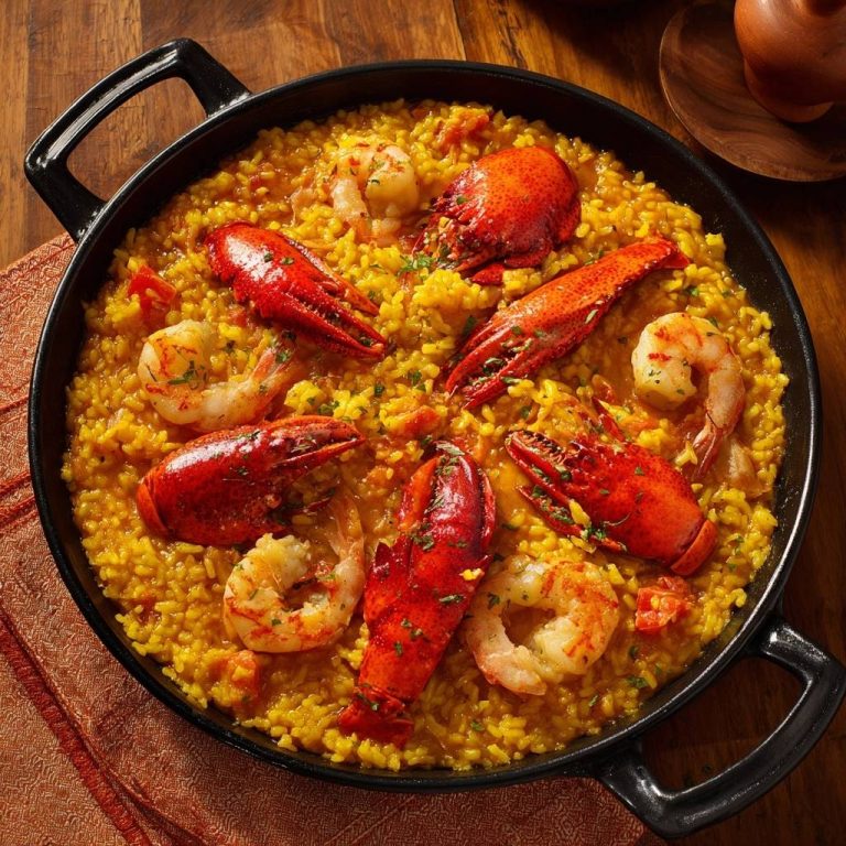 Paella mit Hummer und Garnelen, serviert in einer Pfanne, mit einer köstlichen Draufsicht auf die goldgelbe Reismischung und Meeresfrüchte.