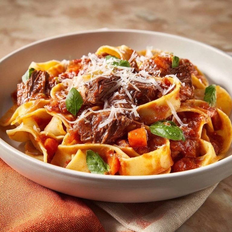 Pappardelle mit Rinderschmorragout, serviert in einer Schüssel. Nahaufnahme des zarten Fleischs, garniert mit Parmesan und frischem Basilikum.