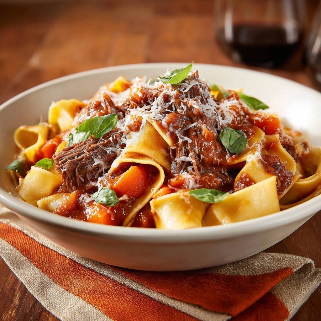 Pappardelle Rinderschmorragout Serviert 1 Pappardelle mit Rinderschmorragout serviert in einer weißen Schüssel, garniert mit frischen Kräutern und Parmesan. Ein köstliches italienisches Gericht.