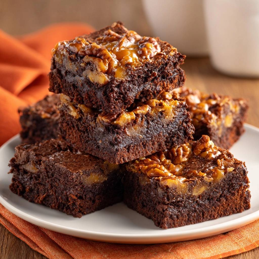 Pekannuss Karamell Brownies Gestapelt 1 Pekannuss-Karamell-Brownies, gestapelt auf einem Teller, zeigen die köstliche Textur des Karamells und der Walnüsse.