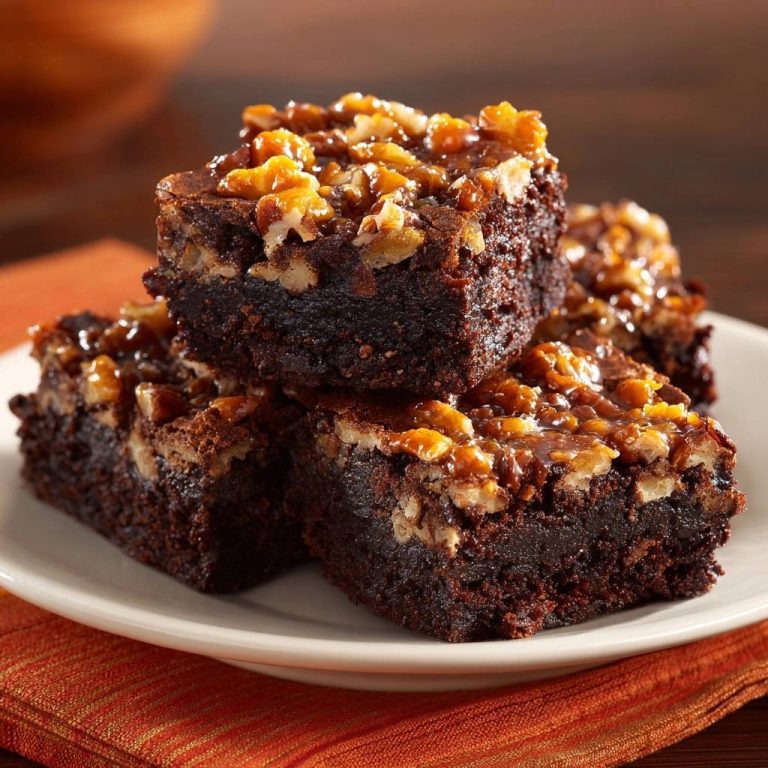 Pekannuss-Karamell-Brownies, gestapelt auf einem Teller serviert, mit einer glänzenden Karamell-Nuss-Schicht bedeckt. Köstliche hausgemachte Brownies, perfekt zum Teilen.