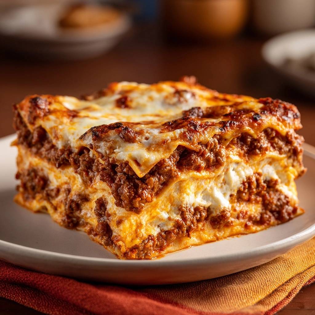 Perfekte Hackfleisch Lasagne Querschnitt 1 Perfekte Hackfleisch-Lasagne in Nahaufnahme: Ein saftiger Querschnitt zeigt die geschichteten Fleisch- und Käseschichten auf einem Teller.