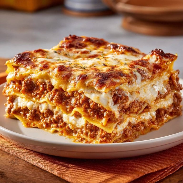 Perfekte Hackfleisch-Lasagne im Anschnitt: Die saftigen Schichten mit Hackfleisch, Käse und Bechamelsauce sind deutlich zu sehen.