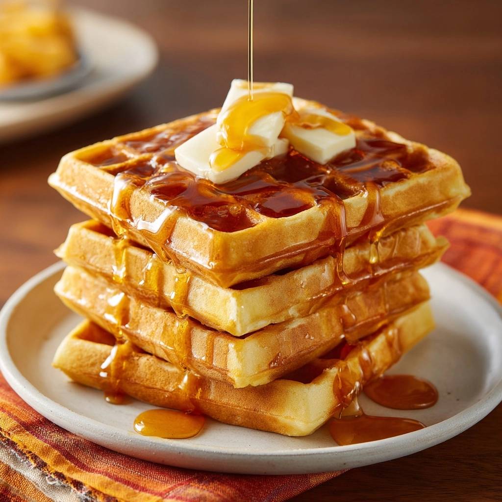 Perfekte Waffeln Mit Butter Ahornsirup Sirup Fliesst 1 Perfekte Waffeln mit Butter und Ahornsirup, frisch zubereitet mit fließendem goldbraunem Ahornsirup, der über die Waffeln tropft.