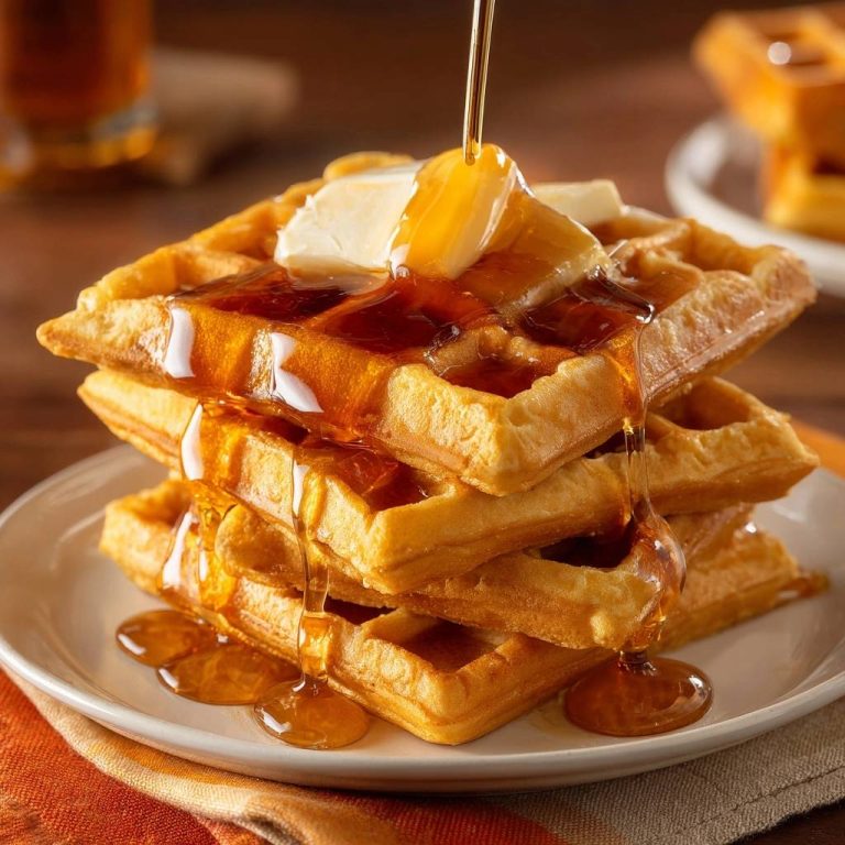 Perfekte Waffeln mit Butter & Ahornsirup, frisch zubereitet, mit goldenem Ahornsirup, der über die gestapelten Waffeln fließt.