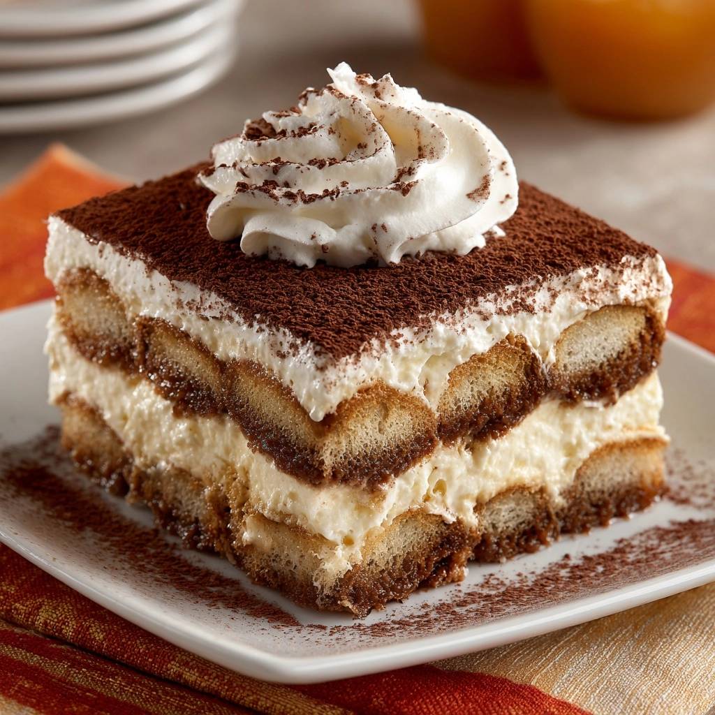 Perfektes Tiramisu Querschnitt Serviert 1 Perfektes Tiramisu auf einem Teller serviert, mit einem Detail des cremigen Inneren und einem Tupfer Sahne.