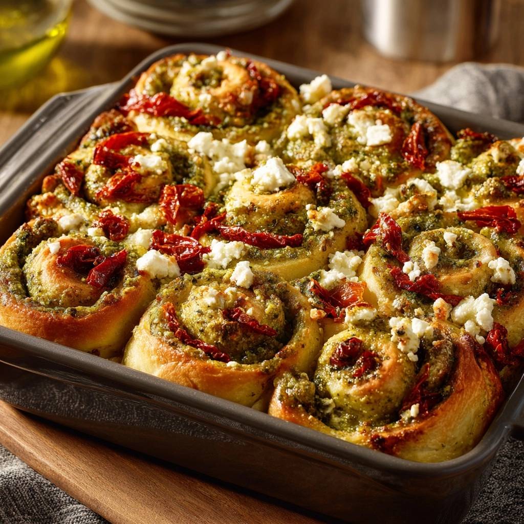 Pesto Tomaten Rollen Mit Feta Draufsicht 1 Pesto-Tomaten-Rollen mit Feta in der Auflaufform, garniert mit sonnengetrockneten Tomaten und Feta-Käse, frisch gebacken und servierfertig.