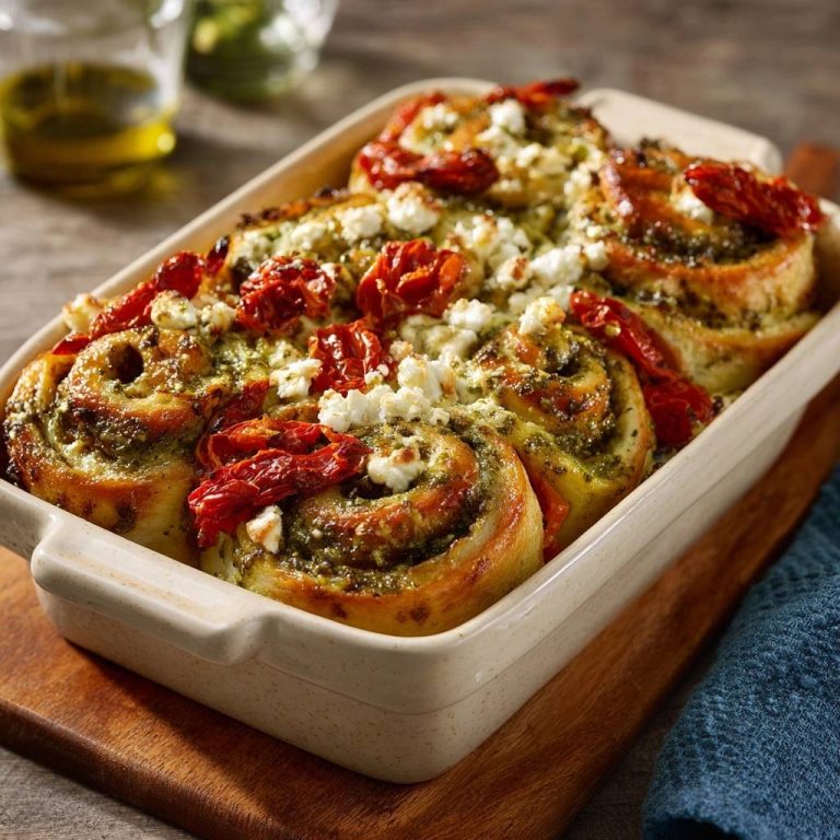 Pesto-Tomaten-Rollen mit Feta in der Auflaufform, garniert mit sonnengetrockneten Tomaten und Feta-Käse, von oben fotografiert.