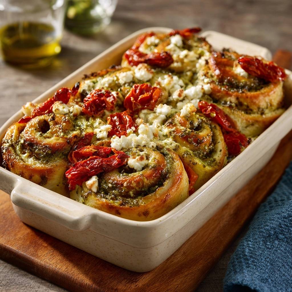 Pesto-Tomaten-Rollen mit Feta in der Auflaufform, garniert mit sonnengetrockneten Tomaten und Feta-Käse, von oben fotografiert.
