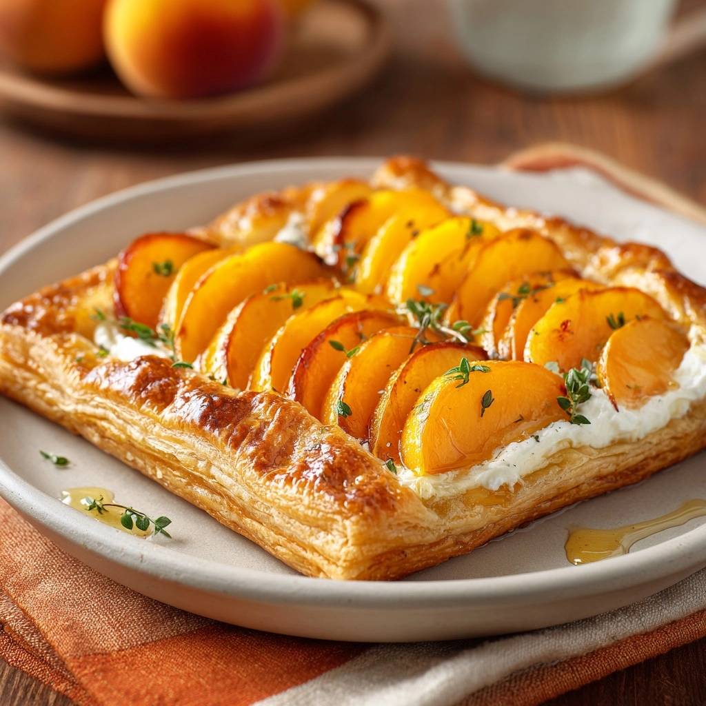 Pfirsich Ricotta Blaetterteig Tarte Serviert 1 Pfirsich-Ricotta-Blätterteig-Tarte serviert auf einem Teller, garniert mit frischen Kräutern und einem Hauch Honig.