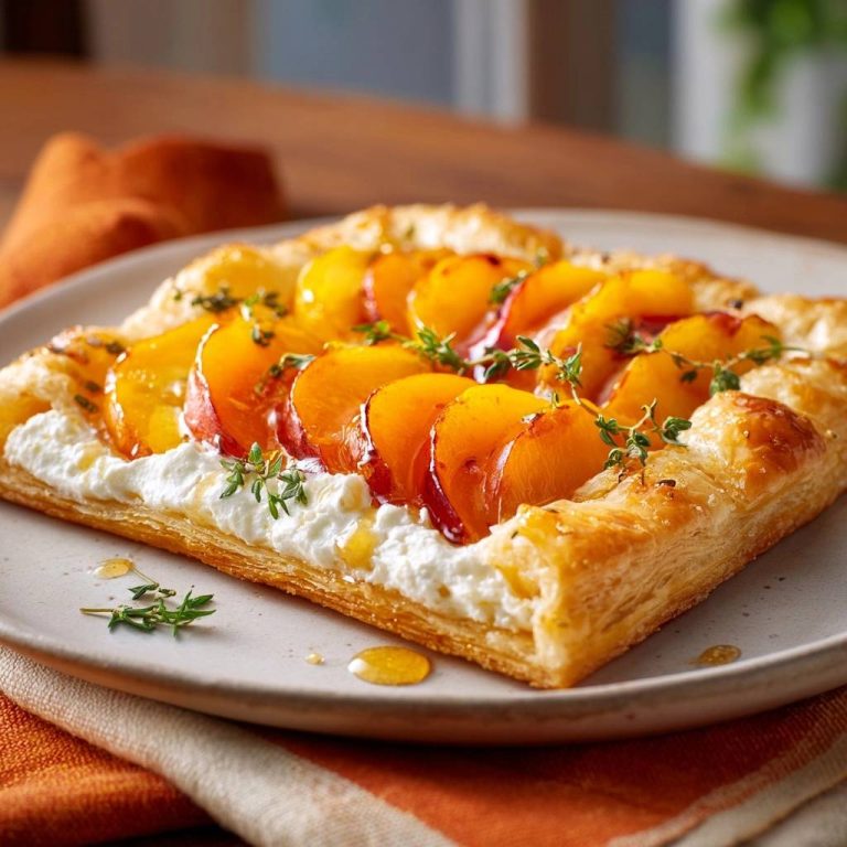 Pfirsich-Ricotta-Blätterteig-Tarte auf einem Teller serviert, mit frischen Thymianzweigen garniert und mit Honig beträufelt.