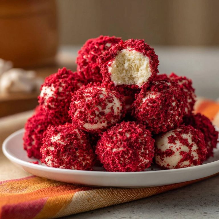 Red Velvet Kuchenbällchen, angeschnitten, zeigen einen cremigen weißen Kern und eine leuchtend rote Kruste. Diese köstlichen Kuchenbällchen sind perfekt zum Teilen oder Genießen.