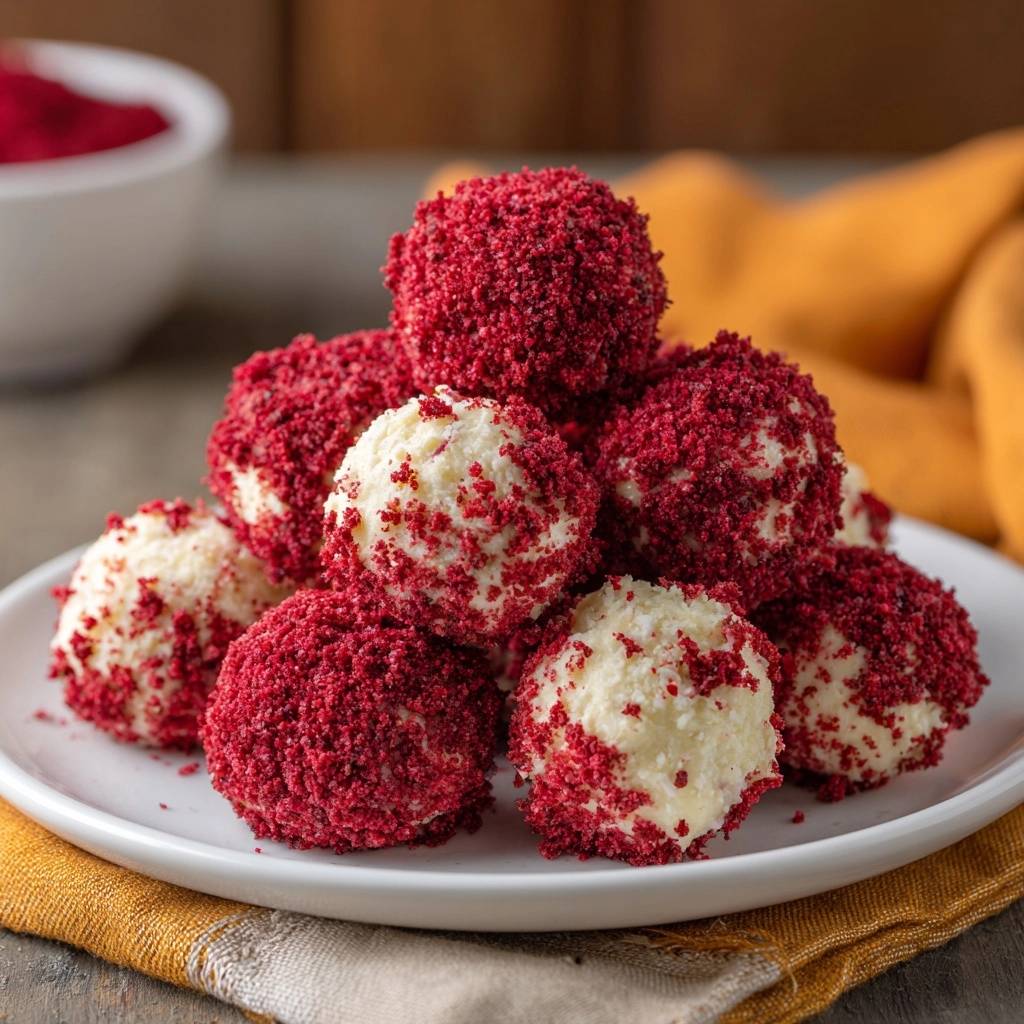 Red Velvet Kuchenbaellchen Serviert 1 Red Velvet Kuchenbällchen, serviert auf einem weißen Teller, sind mit rotem Kuchenkrumen bedeckt und sehen unwiderstehlich aus.
