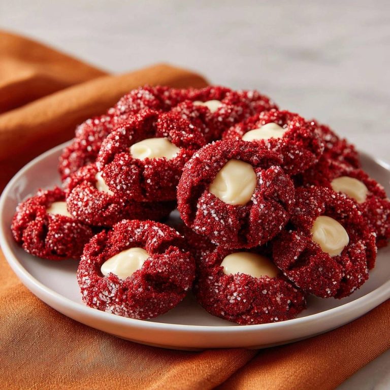 Red Velvet Muldenkekse in Nahaufnahme auf einem Teller serviert, mit cremiger Füllung und glitzerndem Zuckerguss. Diese Kekse sind perfekt für besondere Anlässe.