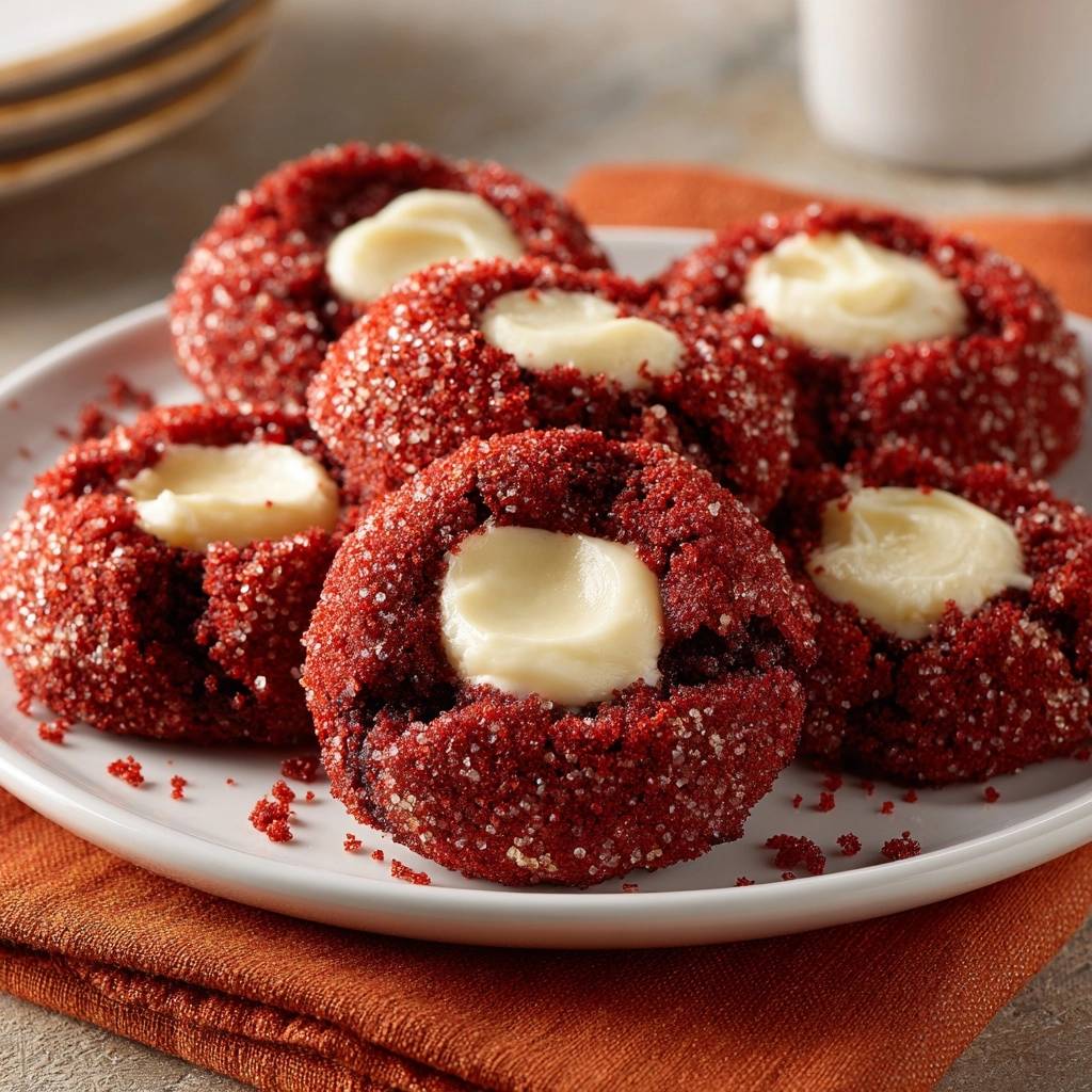 Red Velvet Muldenkekse Serviert 1 Red Velvet Muldenkekse serviert auf einem weißen Teller, perfekt mit cremiger Füllung und rotem Zucker bedeckt.