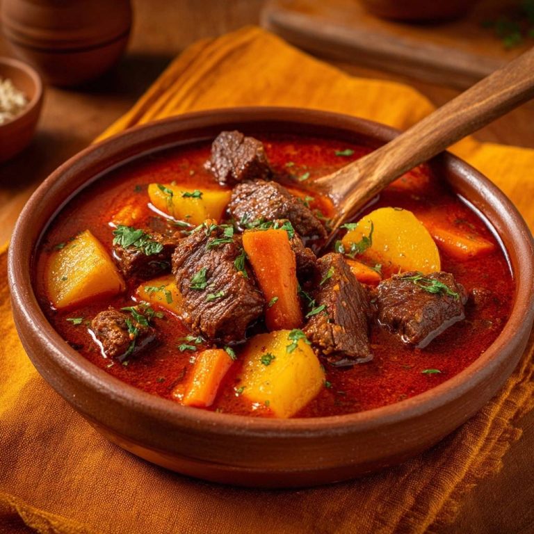 Herzhaftes Rindergulasch mit Kartoffeln serviert in einer rustikalen Schüssel, garniert mit frischer Petersilie. Der Eintopf ist dampfend heiß.