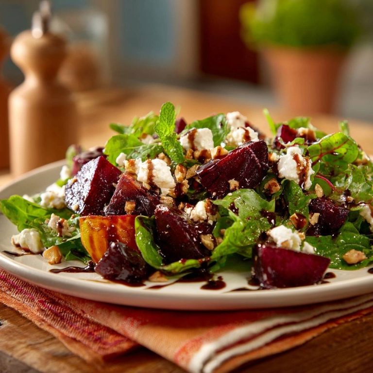 Rote Bete Salat mit Feta und Walnüssen, serviert auf einem Teller, mit einer Nahaufnahme der frischen Zutaten. Ein köstliches und farbenfrohes Gericht.
