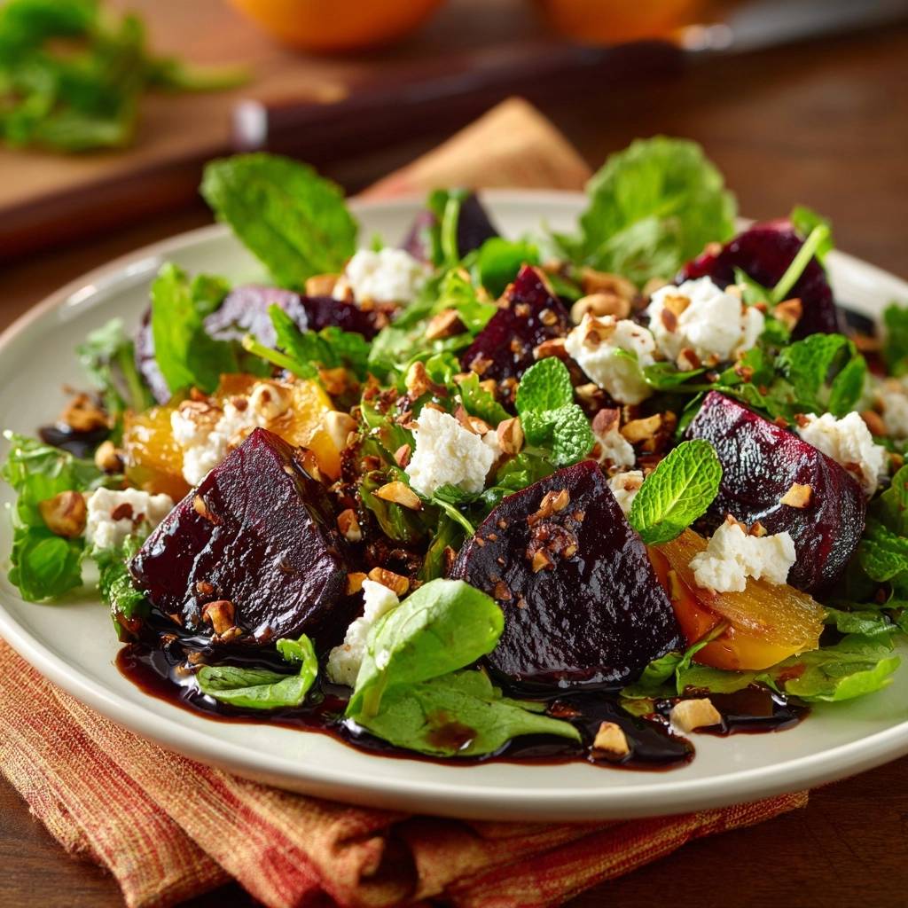 Rote Bete Salat Mit Feta Und Walnussen Serviert 1 Rote Bete Salat mit Feta und Walnüssen, serviert auf einem Teller, mit frischer Minze und Balsamico-Glasur.