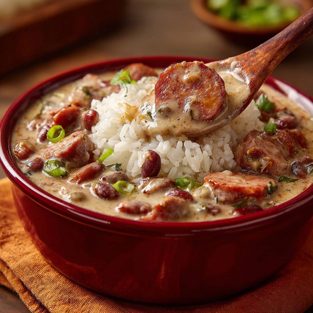 Rote Bohnen Mit Wurst Und Reis Auf Loeffel 1 Rote Bohnen mit Wurst und Reis, serviert mit einem Löffel voll, der die cremige Soße und Wurstscheiben zeigt.