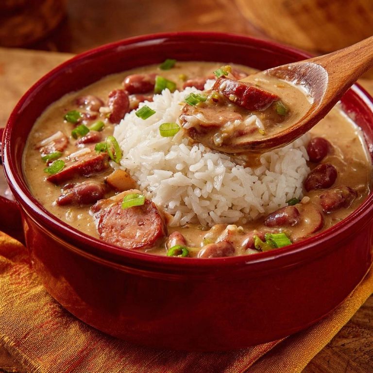 Rote Bohnen mit Wurst und Reis, serviert mit einem Löffel, der die cremige Soße und die Zutaten zeigt, bereit zum Genießen.