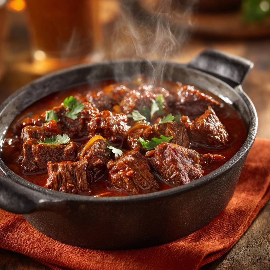 Rustikales Rindergulasch Nahaufnahme Mit Dampf 1 Rustikales Rindergulasch in einer gusseisernen Pfanne, aufgenommen in Nahaufnahme, wobei Dampf aufsteigt und die Aromen freisetzt.