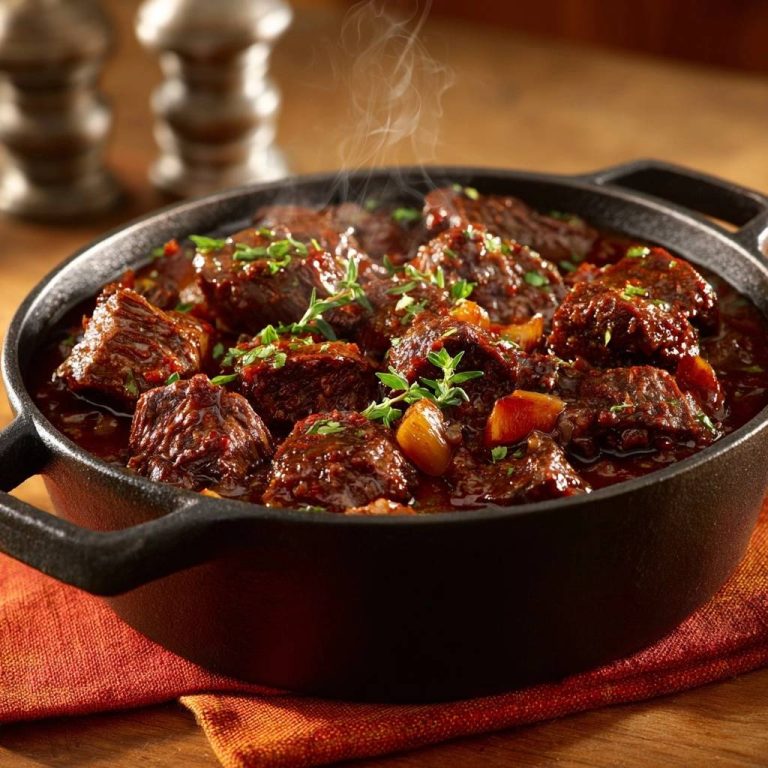 Rustikales Rindergulasch in einer gusseisernen Pfanne, eine Nahaufnahme mit aufsteigendem Dampf und frischen Kräutern.