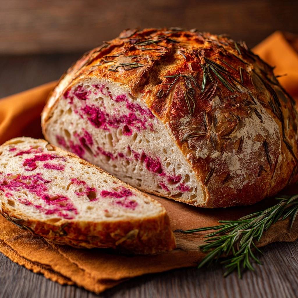 Rustikales Rote Bete Rosmarin Brot Querschnitt 1 Rustikales Rote-Bete-Rosmarin-Brot im Querschnitt, mit saftigem Innenleben aus Rote Bete und frischen Rosmarinzweigen.