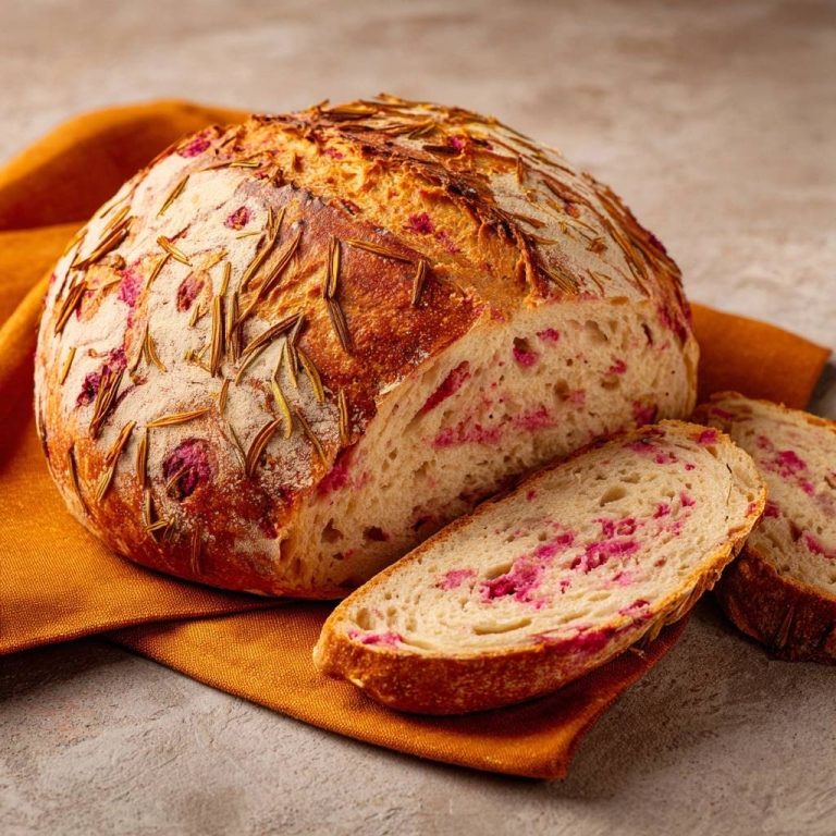 Rustikales Rote-Bete-Rosmarin-Brot im Querschnitt, mit saftigem Innenleben und pinkfarbenen Rote-Bete-Flecken. Dazu frische Rosmarinzweige auf der Kruste.